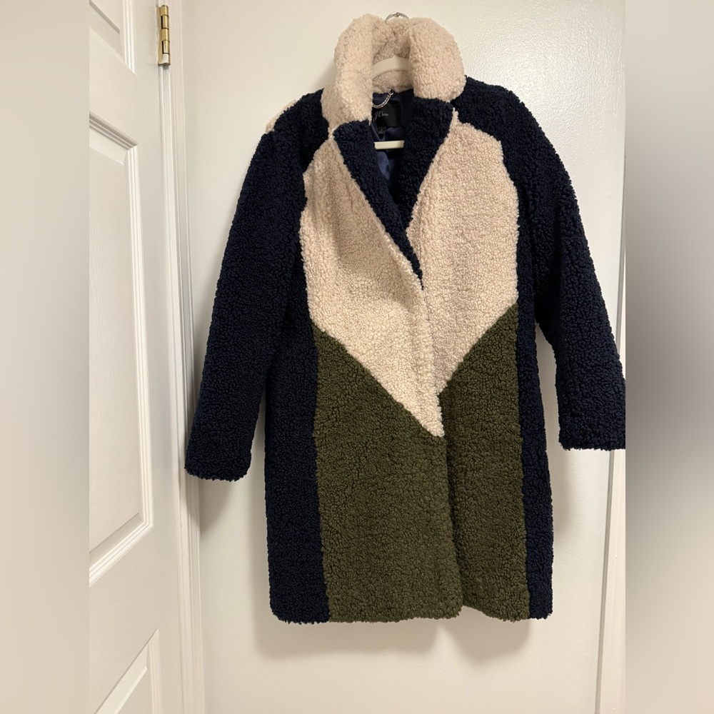 Jcrew Teddy Sherpa Jacket Olive Green Ivory and Navy - size small - worn twice